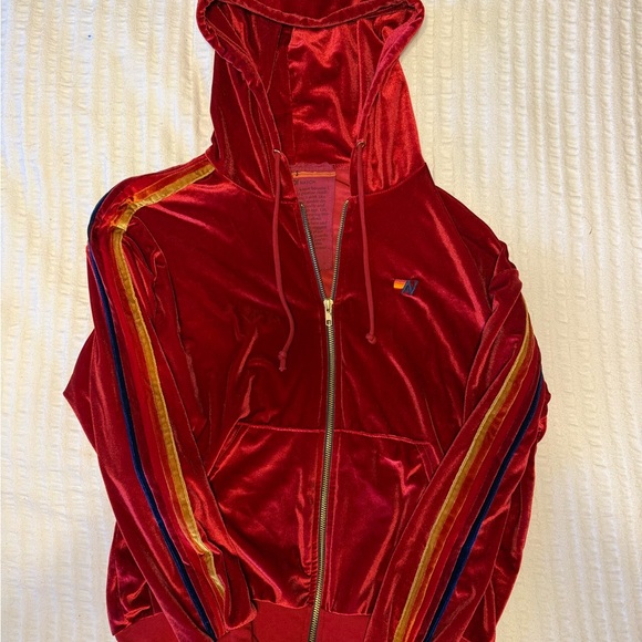 Aviator Nation Velvet Zip-Up Hoodie Red Rainbow Stripe Size S - Relaxed Fit - Picture 3 of 10